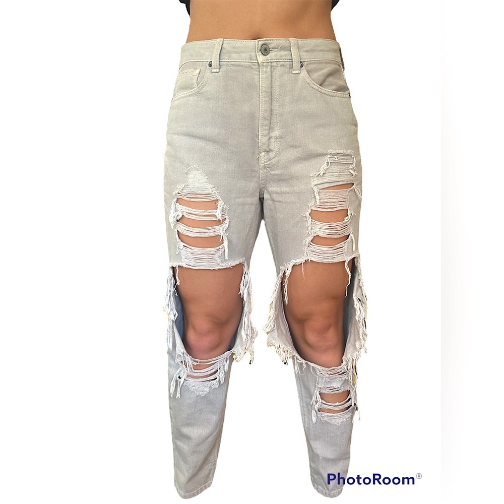 American Eagle Light Grey High Waisted and Distressed Boyfriend Jeans